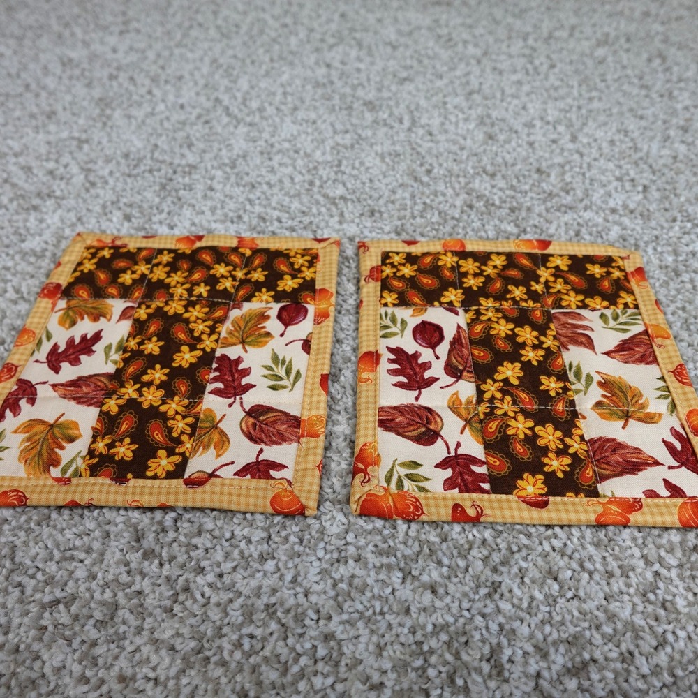 Handmade Quilted Fall Mug Rugs Set of 2 Autumn Leaves Acorn Cotton Coasters